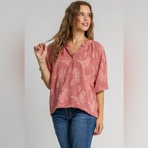 Umgee Full Size Notched Button Detail Half Sleeve Blouse Plus Size